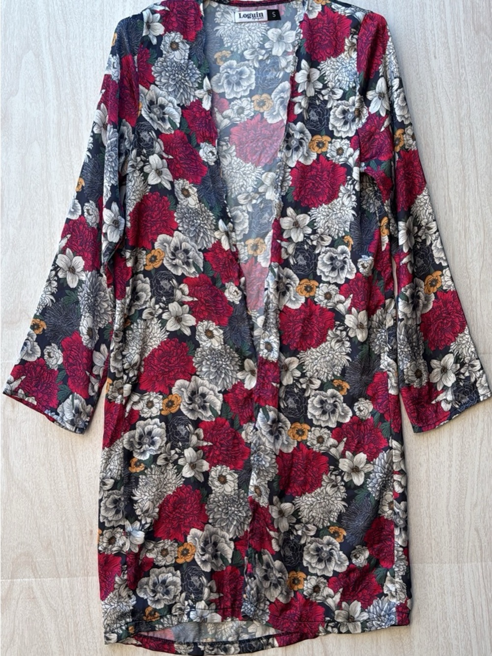 Floral Open-Front Knit Robe in Red & Black